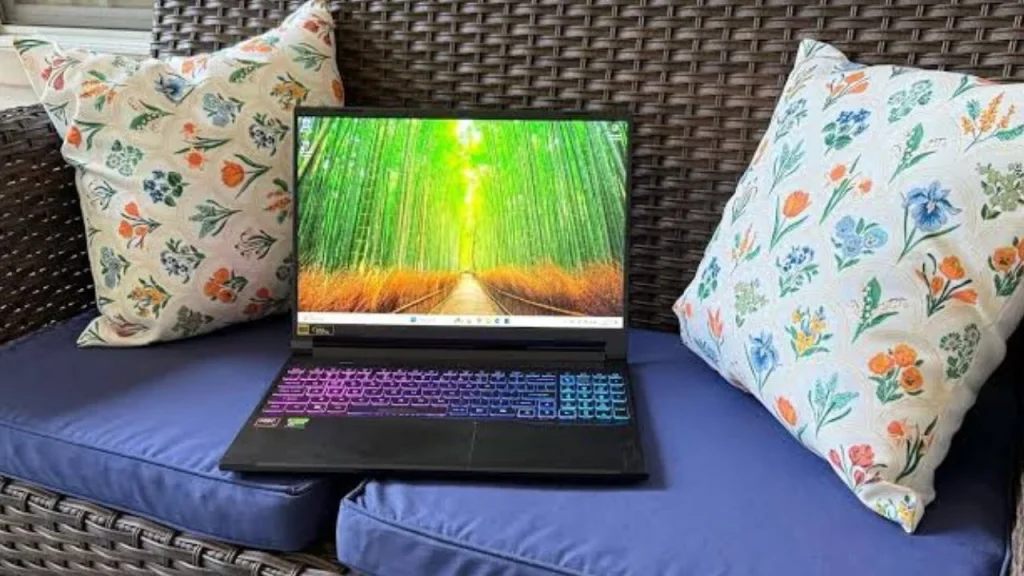 An Acer Nitro V 16S AI laptop sitting on a blue outdoor patio cushion, flanked by two decorative throw pillows featuring a colorful floral and botanical pattern against a woven wicker backrest.