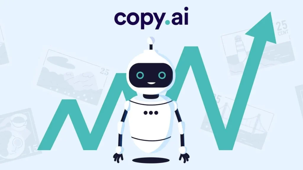 A white cartoon robot standing in front of a large, teal upward-trending arrow, with the "copy.ai" wordmark above it on a light blue background.