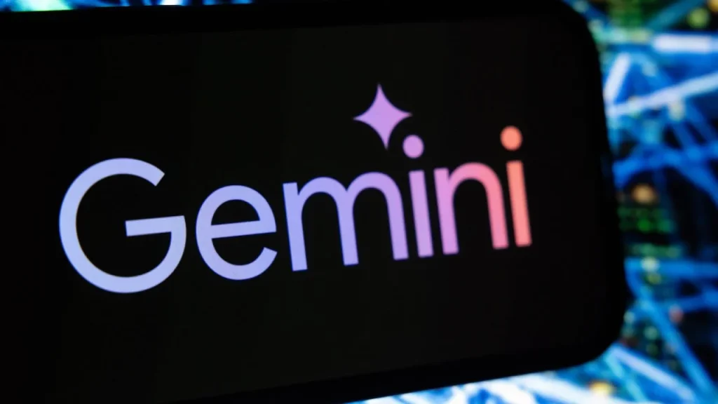 The "Gemini" wordmark in a light-colored font, featuring a small four-pointed star icon above the letter "i," displayed on a screen against a blurred background of blue digital network lines.