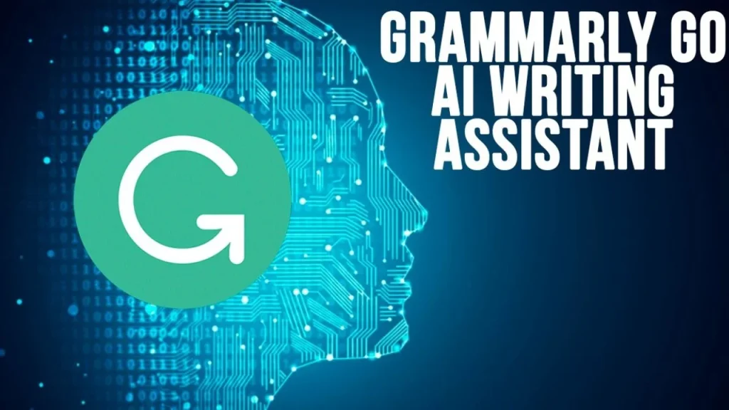 A stylized human head silhouette filled with a digital circuit pattern, accompanied by a large circular "G" logo and the text "Grammarly GO AI Writing Assistant" on a dark blue background.