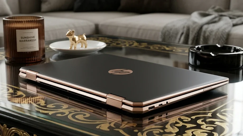 Top 10 Laptop Brands in 2026. A closed, premium black and rose gold HP convertible laptop resting on a glass table in a cozy, decorated living room setting.