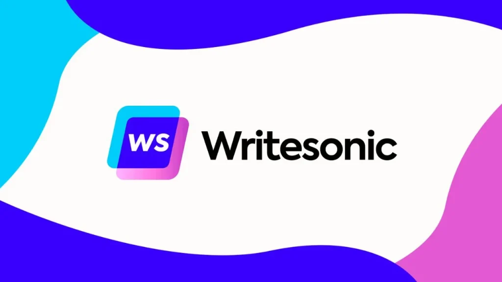 The "Writesonic" wordmark next to a rounded square icon with the letters "ws" in a blue and pink gradient, set against an abstract background of flowing blue and purple shapes.