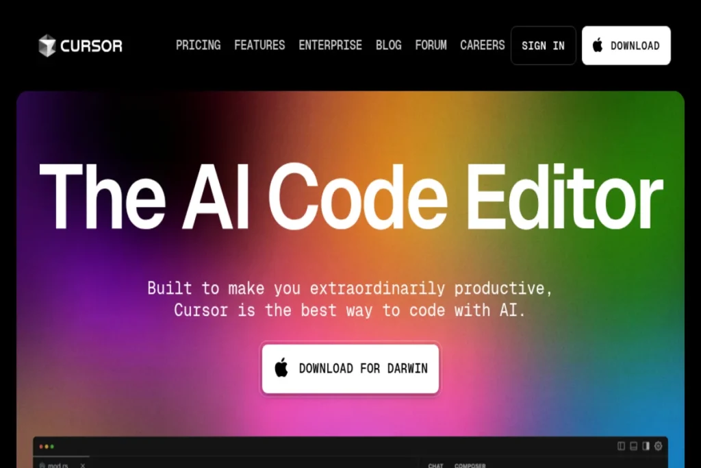 The homepage of the Cursor website featuring the text "The AI Code Editor" over a colorful gradient background, with a prominent "Download for Darwin" button.